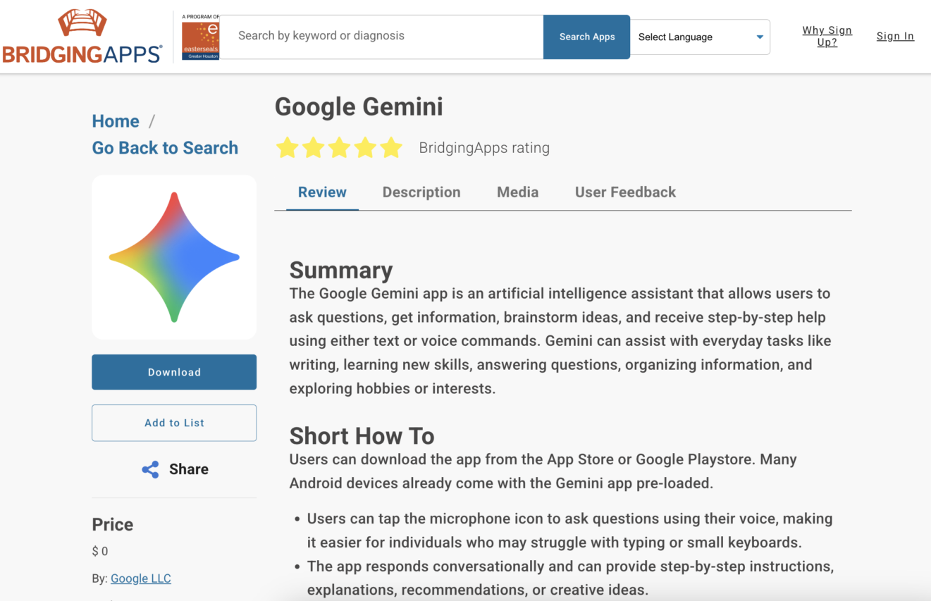 screenshot of bridgingapps reviewed app Google Gemini